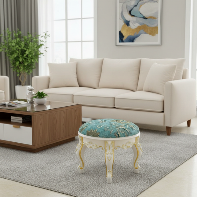 Retro Fabric Dressing Chair, Child Round Stool, Dressing Seat, Home Furniture, Living Room Dinning Chair, ABS Leg, Round Ottoman - gallery 1