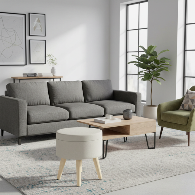 1PC Velvet Linen Storage Ottoman Chair Stool Multifunction Upholstered Footstool Round Pouffe Chair with Removable Cover Home - gallery 1