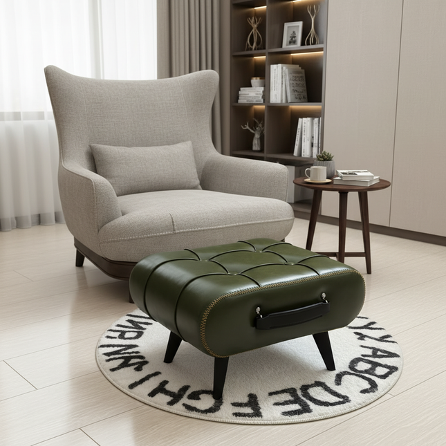 A high-quality oil-and-wax leather low stool, footstool, leather footrest stool, stylish multifunctional sofa side piece - gallery 1