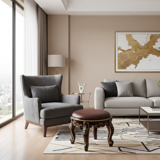 Retro Fabric Dressing Chair, Child Round Stool, Dressing Seat, Home Furniture, Living Room Dinning Chair, ABS Leg, Round Ottoman - gallery 1