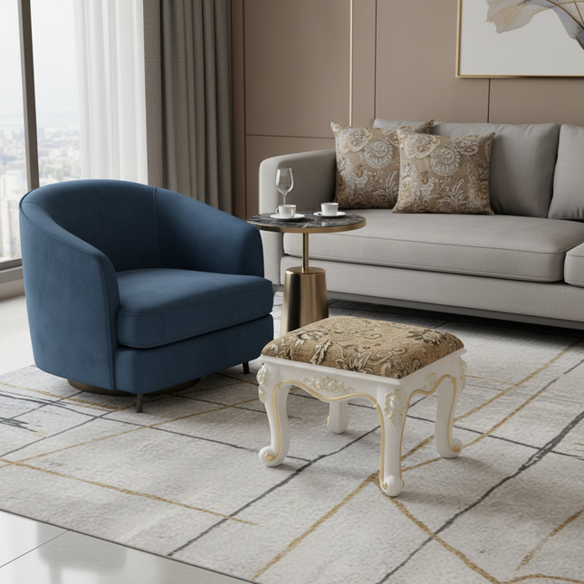 Retro Fabric Dressing Chair, Child Round Stool, Dressing Seat, Home Furniture, Living Room Dinning Chair, ABS Leg, Round Ottoman - gallery 1