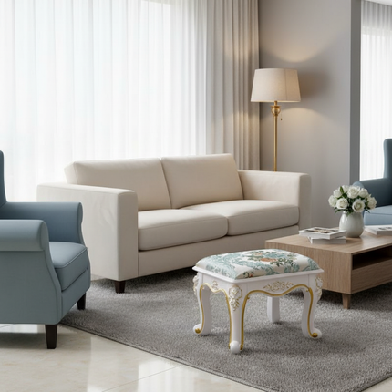 Retro Fabric Dressing Chair, Child Round Stool, Dressing Seat, Home Furniture, Living Room Dinning Chair, ABS Leg, Round Ottoman - gallery 1