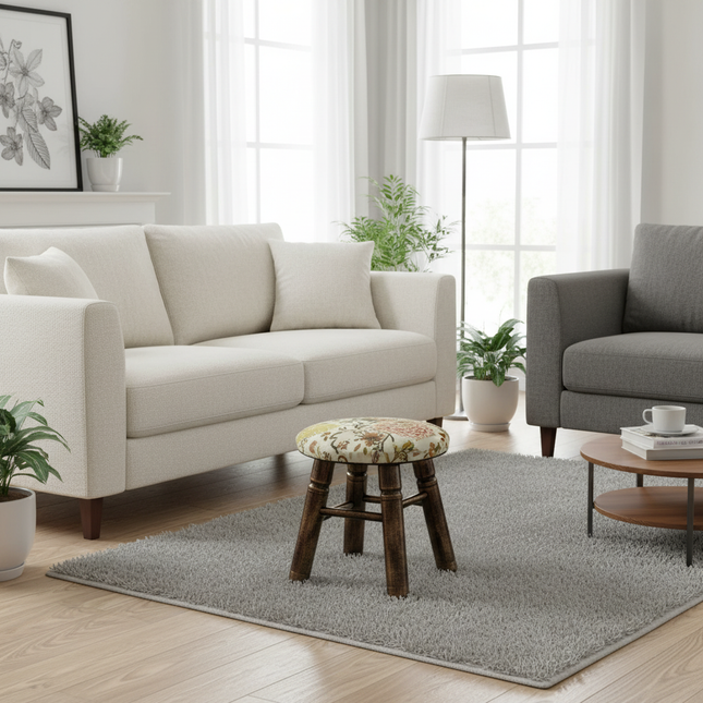 ‌Premium Velvet Upholstered Pouf Ottoman‌ - Solid Wood Leg Round Coffee Table Footrest European Style Extra Seat for Living Room - gallery 1