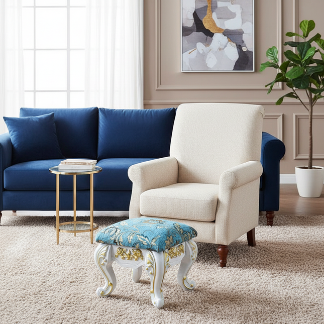 European Velvet Tufted Stool with Storage: Vintage Coffee Table Ottoman, Solid Wooden Seat, Gold Embroidery Accent Footrest - gallery 1