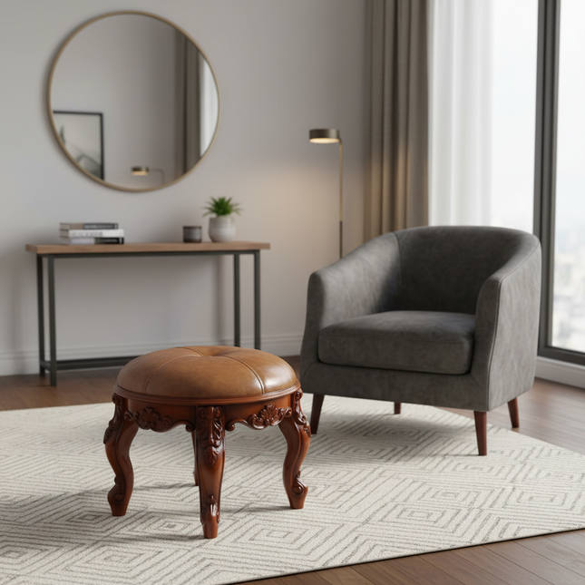Retro Carved Small Stool Luxury Leather Cushion Creative Low Seat Elegant Room Sofa Chair Stylish Seating Decorative Footrest - gallery 1