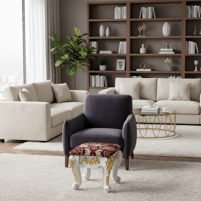 European Velvet Tufted Stool with Storage: Vintage Coffee Table Ottoman, Solid Wooden Seat, Gold Embroidery Accent Footrest - gallery 1