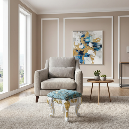 European Velvet Tufted Stool with Storage: Vintage Coffee Table Ottoman, Solid Wooden Seat, Gold Embroidery Accent Footrest - gallery 1