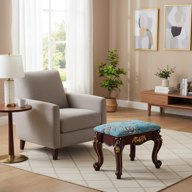 European Velvet Tufted Stool with Storage: Vintage Coffee Table Ottoman, Solid Wooden Seat, Gold Embroidery Accent Footrest - gallery 1