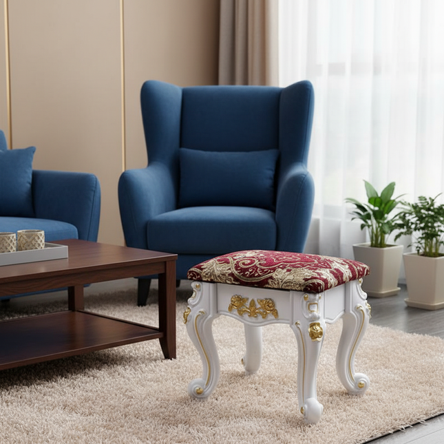 European Velvet Tufted Stool with Storage: Vintage Coffee Table Ottoman, Solid Wooden Seat, Gold Embroidery Accent Footrest - gallery 1