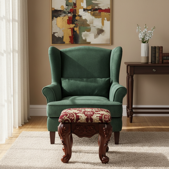 European Velvet Tufted Stool with Storage: Vintage Coffee Table Ottoman, Solid Wooden Seat, Gold Embroidery Accent Footrest - gallery 1