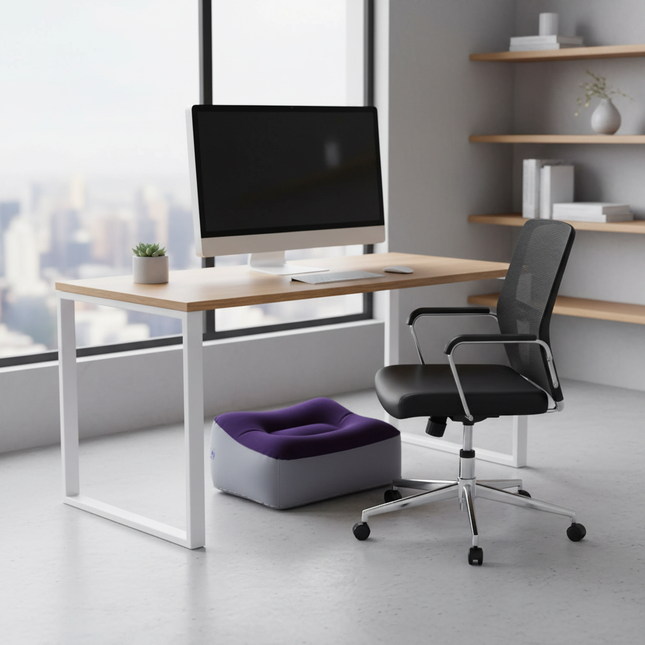 2 pcs Inflatable Foot Rest Cushion Flocking Pvc Comfortable Travel Footrest For Airplane Car Office Use Grey Blue Air Travel - gallery 1