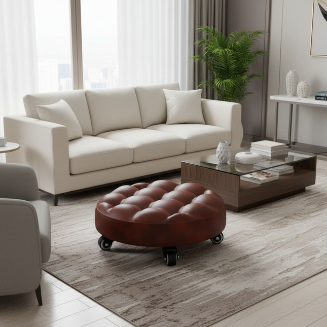 Leather Pulley Stool, Stable and Drop-Proof Low Height Rolling Stools with Universal Wheels for Home Office Fitness Garage Work - gallery 1