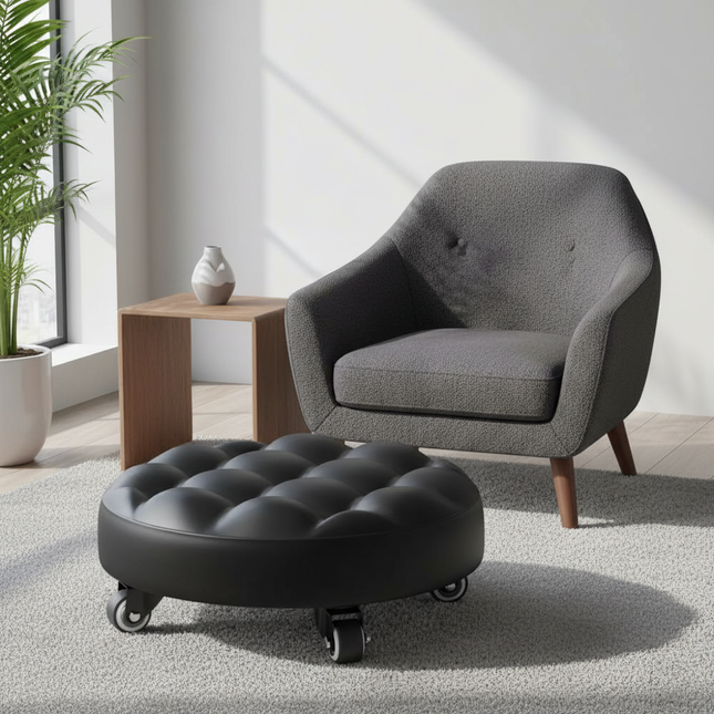 Leather Pulley Stool, Stable and Drop-Proof Low Height Rolling Stools with Universal Wheels for Home Office Fitness Garage Work - gallery 1