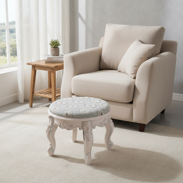 Retro Fabric Dressing Chair, Child Round Stool, Dressing Seat, Home Furniture, Living Room Dinning Chair, ABS Leg, Round Ottoman - gallery 1