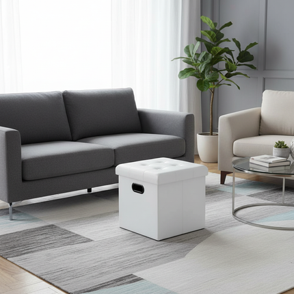 1PC Faux Leather White/Black Footstool Cube Chest Ottoman Pouf Footrest with Storage Foldable Stool Storage Box Home Seat Bench - gallery 1