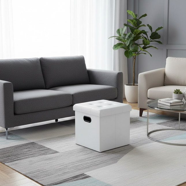 1PC Faux Leather White/Black Footstool Cube Chest Ottoman Pouf Footrest with Storage Foldable Stool Storage Box Home Seat Bench - gallery 1