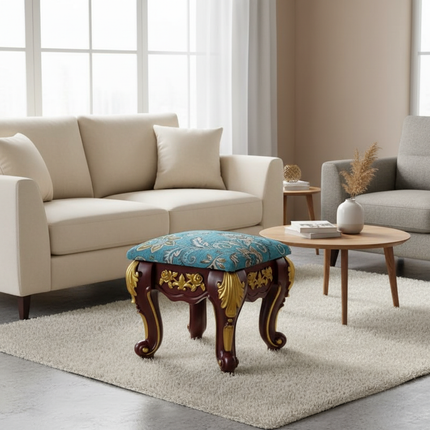 European Velvet Tufted Stool with Storage: Vintage Coffee Table Ottoman, Solid Wooden Seat, Gold Embroidery Accent Footrest - gallery 1