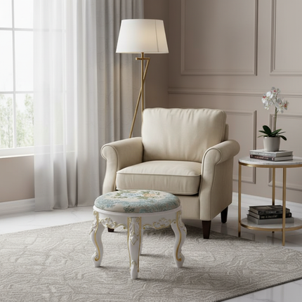 Retro Fabric Dressing Chair, Child Round Stool, Dressing Seat, Home Furniture, Living Room Dinning Chair, ABS Leg, Round Ottoman - gallery 1