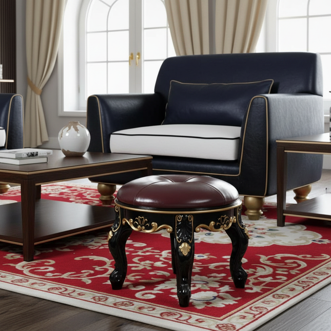 Retro Carved Small Stool Luxury Leather Cushion Creative Low Seat Elegant Room Sofa Chair Stylish Seating Decorative Footrest - gallery 1