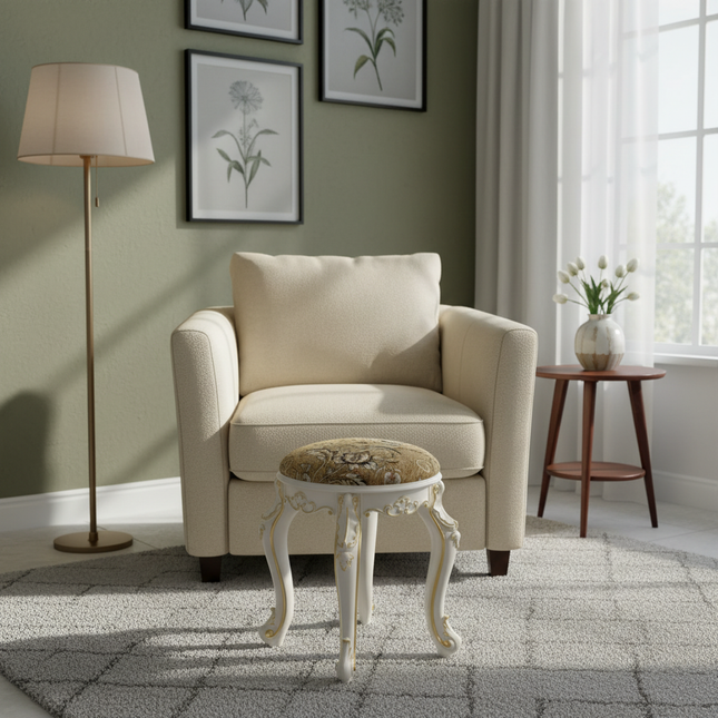 Retro Fabric Dressing Chair, Child Round Stool, Dressing Seat, Home Furniture, Living Room Dinning Chair, ABS Leg, Round Ottoman - gallery 1