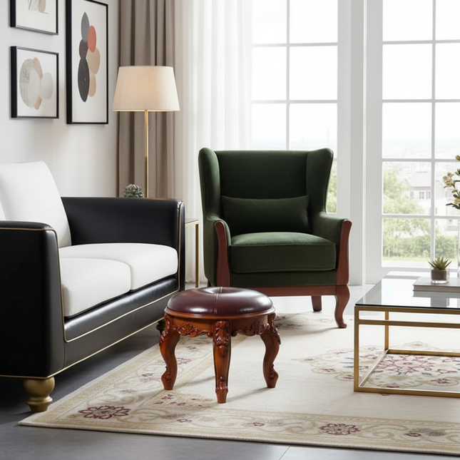 Retro Carved Small Stool Luxury Leather Cushion Creative Low Seat Elegant Room Sofa Chair Stylish Seating Decorative Footrest - gallery 1