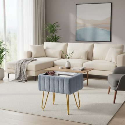 Makeup bench storage bench, Makeup bench bench with metal legs and soft faux fur surface, Flip-up footrest with upholstered seat - gallery 1