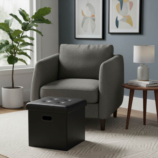 1PC Faux Leather White/Black Footstool Cube Chest Ottoman Pouf Footrest with Storage Foldable Stool Storage Box Home Seat Bench - gallery 1