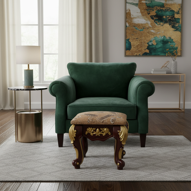 European Velvet Tufted Stool with Storage: Vintage Coffee Table Ottoman, Solid Wooden Seat, Gold Embroidery Accent Footrest - gallery 1