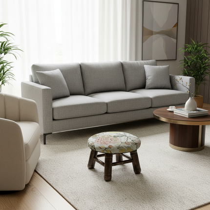 ‌Premium Velvet Upholstered Pouf Ottoman‌ - Solid Wood Leg Round Coffee Table Footrest European Style Extra Seat for Living Room - gallery 1