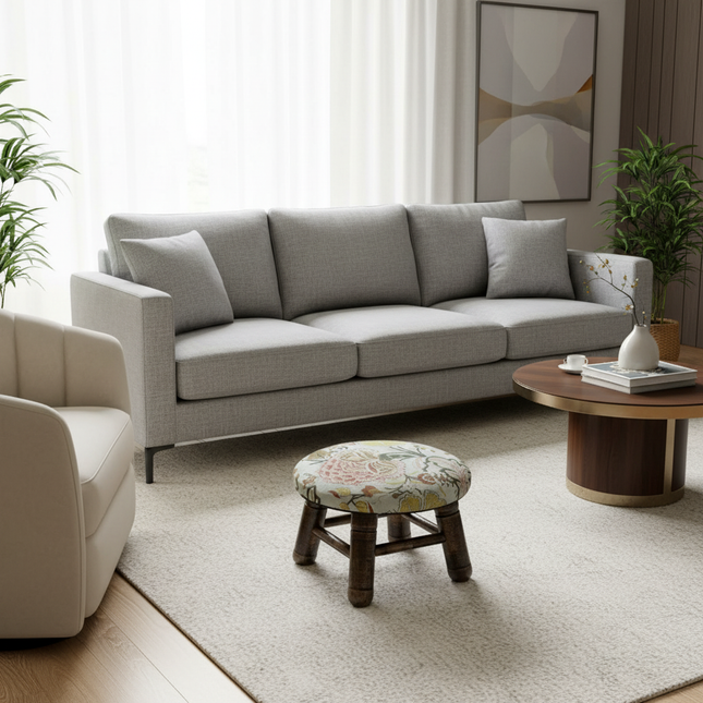 ‌Premium Velvet Upholstered Pouf Ottoman‌ - Solid Wood Leg Round Coffee Table Footrest European Style Extra Seat for Living Room - gallery 1