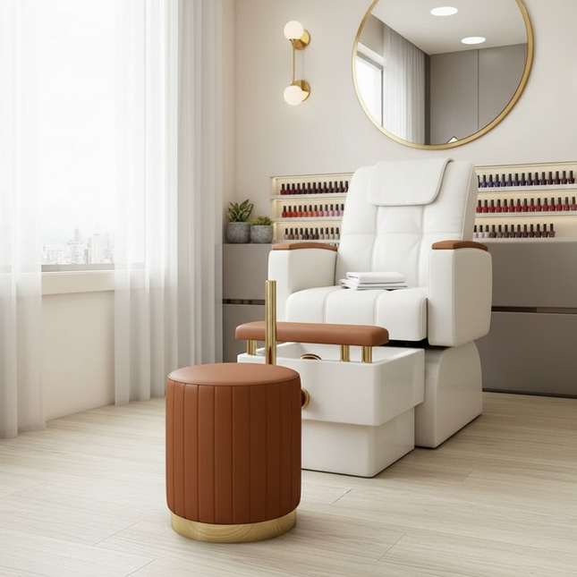 Scandinavian Velvet Makeup Stool - Swivel Vanity Chair with Gold Legs, Instagrammable Nail Salon Stool for Bedroom & Living Room - gallery 1