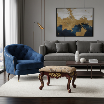 European Velvet Tufted Stool with Storage: Vintage Coffee Table Ottoman, Solid Wooden Seat, Gold Embroidery Accent Footrest - gallery 1