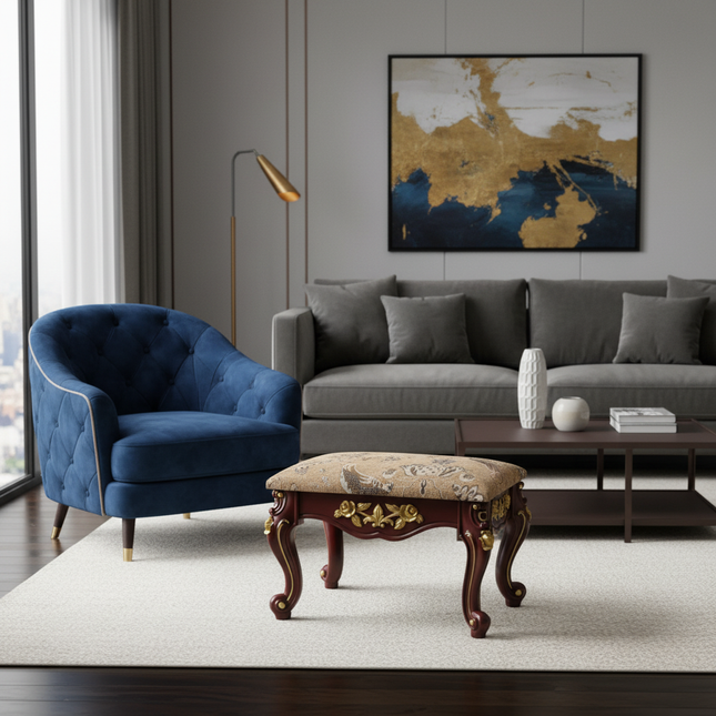 European Velvet Tufted Stool with Storage: Vintage Coffee Table Ottoman, Solid Wooden Seat, Gold Embroidery Accent Footrest - gallery 1