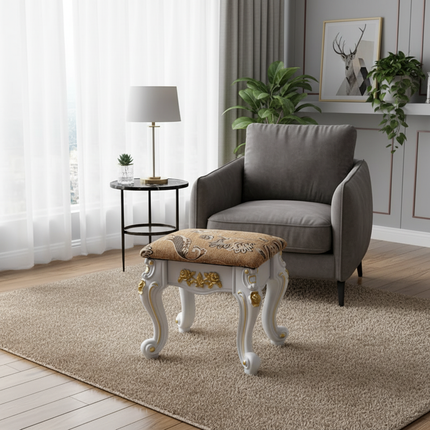 European Velvet Tufted Stool with Storage: Vintage Coffee Table Ottoman, Solid Wooden Seat, Gold Embroidery Accent Footrest - gallery 1