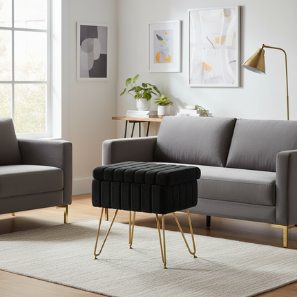 Makeup bench storage bench, Makeup bench bench with metal legs and soft faux fur surface, Flip-up footrest with upholstered seat - gallery 1