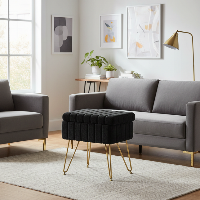 Makeup bench storage bench, Makeup bench bench with metal legs and soft faux fur surface, Flip-up footrest with upholstered seat - gallery 1