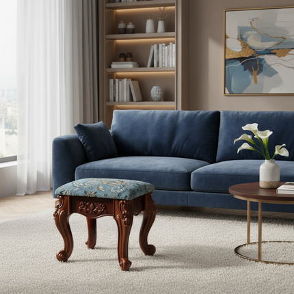 European Velvet Tufted Stool with Storage: Vintage Coffee Table Ottoman, Solid Wooden Seat, Gold Embroidery Accent Footrest - gallery 1