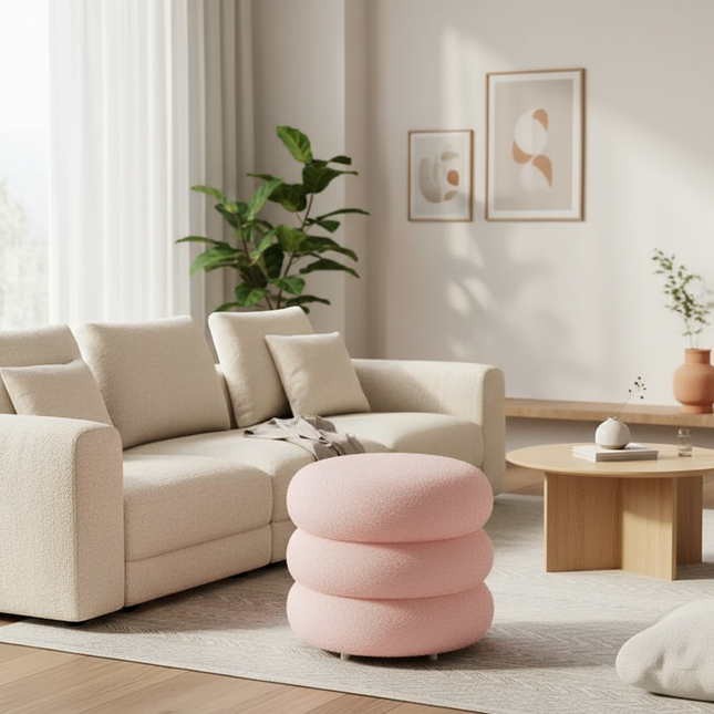 Creamy Household Stool Girls' Makeup Seat Bedroom Vanity Chair Soft Lamb Wool Pouf Minimalist Manicure Round Ottoman - gallery 1