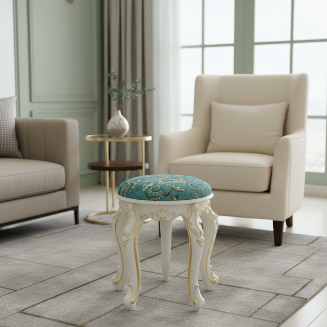 Retro Fabric Dressing Chair, Child Round Stool, Dressing Seat, Home Furniture, Living Room Dinning Chair, ABS Leg, Round Ottoman - gallery 1