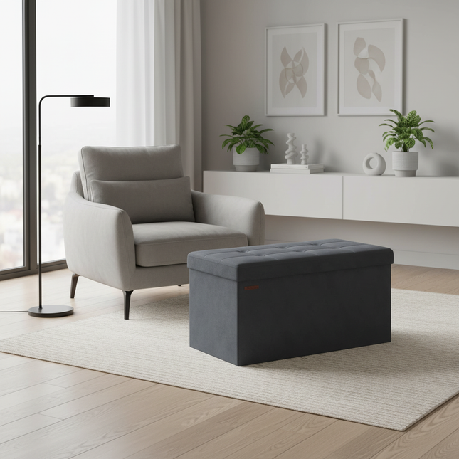 SONGMICS Storage Bench, Velvet Pouffe with Lid, with 2 Boxes, 38 x 76 x 38 cm, Load Capacity 300 kg, for Hallway, Living Room - gallery 1