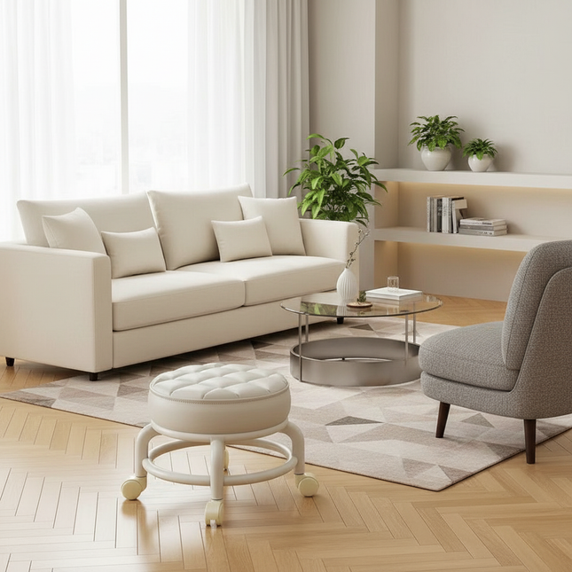 Low Stool with Wheels，Leather Fabric Portable Small Round Waterproof Durable Stool Thickening Seat Cushion Simple Soft Stool - gallery 1