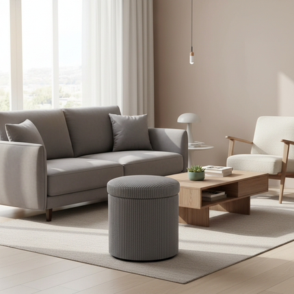 Homcom Puff with Round Storage Upholstered in Corduroy with Stable and Soft Padded Steel Frame Ø40X41 cm Light Gray - gallery 1