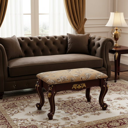 European Velvet Tufted Stool with Storage: Vintage Coffee Table Ottoman, Solid Wooden Seat, Gold Embroidery Accent Footrest - gallery 1