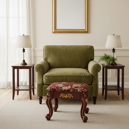European Velvet Tufted Stool with Storage: Vintage Coffee Table Ottoman, Solid Wooden Seat, Gold Embroidery Accent Footrest - gallery 1