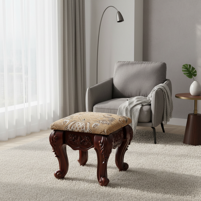 European Velvet Tufted Stool with Storage: Vintage Coffee Table Ottoman, Solid Wooden Seat, Gold Embroidery Accent Footrest - gallery 1