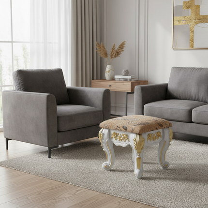 European Velvet Tufted Stool with Storage: Vintage Coffee Table Ottoman, Solid Wooden Seat, Gold Embroidery Accent Footrest - gallery 2