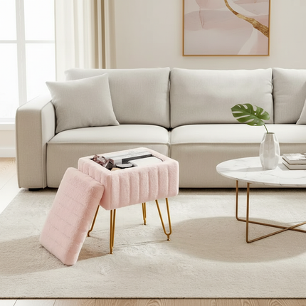 Makeup bench storage bench, Makeup bench bench with metal legs and soft faux fur surface, Flip-up footrest with upholstered seat - gallery 2