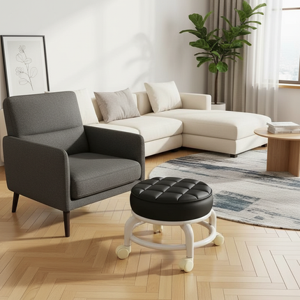 Low Stool with Wheels，Leather Fabric Portable Small Round Waterproof Durable Stool Thickening Seat Cushion Simple Soft Stool - gallery 2