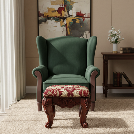 European Velvet Tufted Stool with Storage: Vintage Coffee Table Ottoman, Solid Wooden Seat, Gold Embroidery Accent Footrest - gallery 2