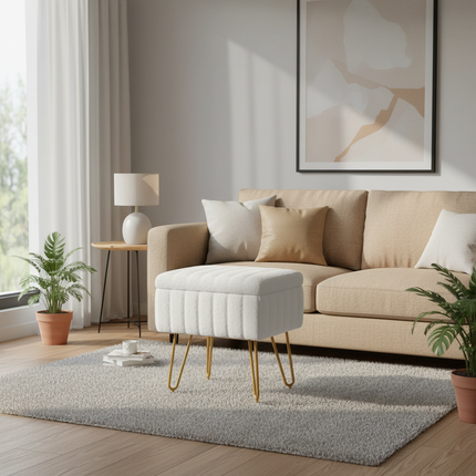 Makeup bench storage bench, Makeup bench bench with metal legs and soft faux fur surface, Flip-up footrest with upholstered seat - gallery 2